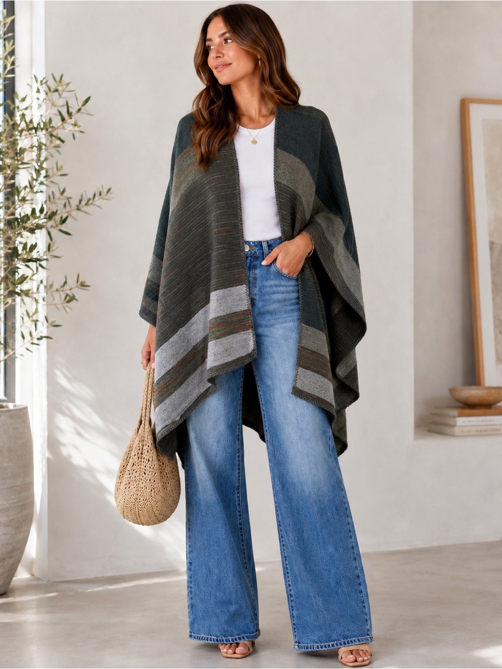 Open Wrap/Shawl Color Block Gray One Size